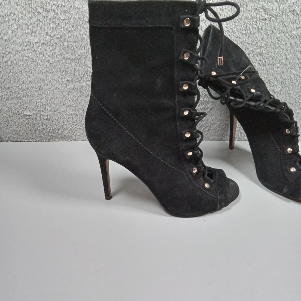 Aldo Porchiano-91 Black Suede Lace Up‎ Open Toe Stiletto Ankle Boots Womens 7